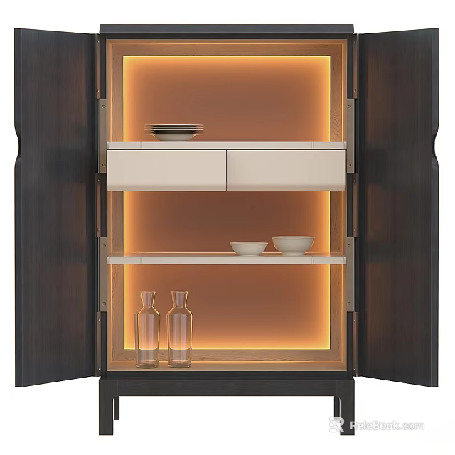 Modern Sideboard with Warm Lighting Layered Shelves Drawers Decorative Bowls and Glass Vases 3d model 