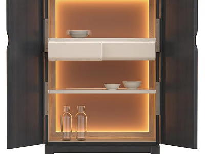 Modern Sideboard with Warm Lighting Layered Shelves Drawers Decorative Bowls and Glass Vases 3d model
