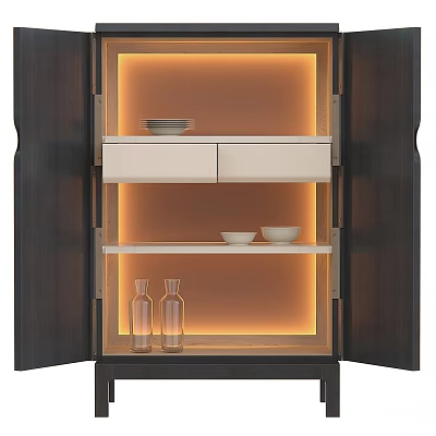 Modern Sideboard with Warm Lighting Layered Shelves Drawers Decorative Bowls and Glass Vases 3d model