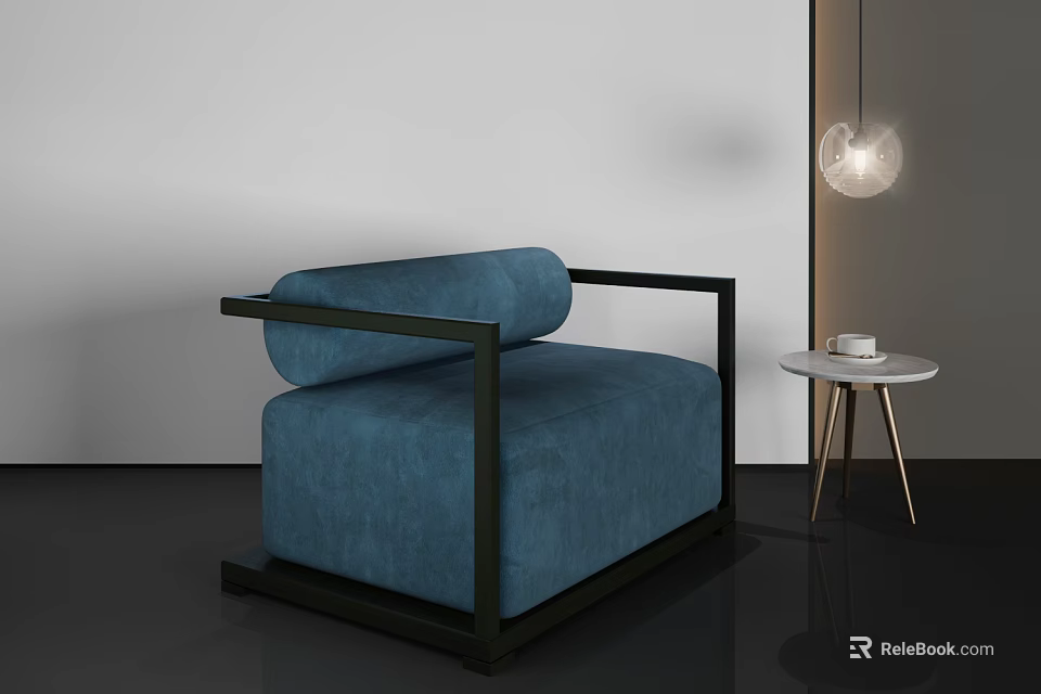 Modern Minimalist Blue Upholstered Single Sofa With Black Frame And Small Round Side Table 3d model