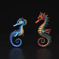 Vibrant Blue And Red Seahorses With Curled Tails And Colorful Patterns On Black Background