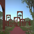 Garden Landscape Design with Red Arch Structures Green Trees and Pathway 3d model