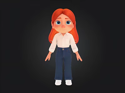 Cartoon Girl Character With Long Red Hair White Shirt And Blue Jeans 3d model