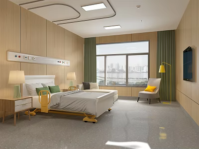 Hospital Outpatient Ward Patient Room with Wooden Walls Hospital Bed TV and Table Lamp 3d model