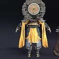 Man In Ornate Gold And Blue Armor With Elaborate Headdress Standing Beside Green Decorative Bottle