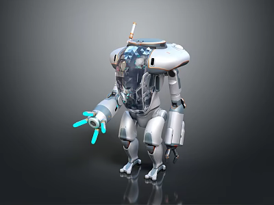 Futuristic Robot Character With Silver Body Transparent Parts Blue Glowing Arms And Antenna 3d model