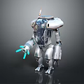 Futuristic Robot Character With Silver Body Transparent Parts Blue Glowing Arms And Antenna