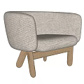 Modern Beige Fabric Accent Chair With Curved Armrests And Wooden Legs