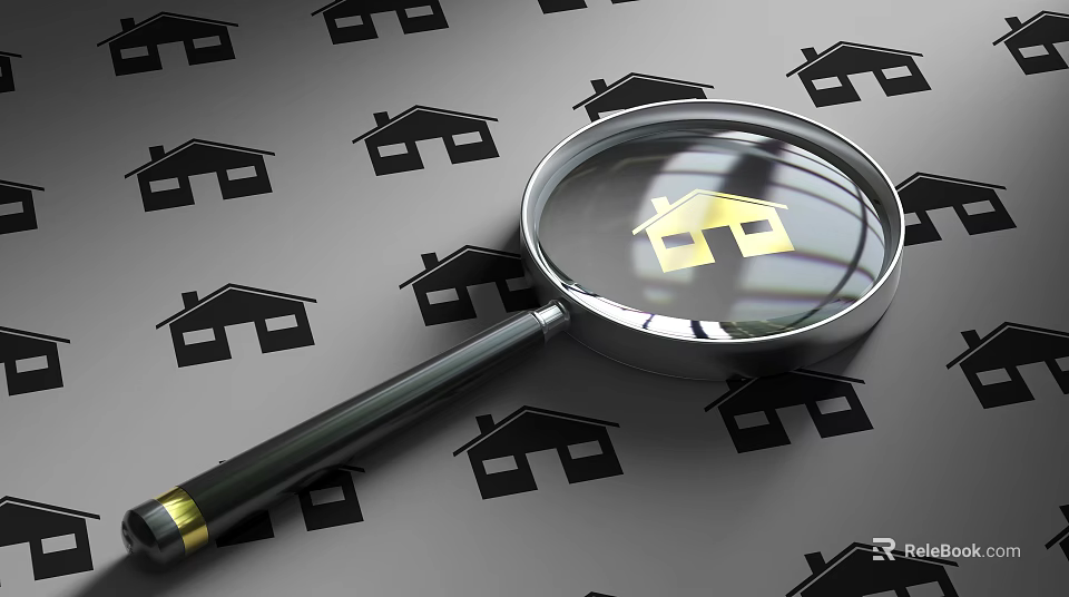 Metal Magnifying Glass Showing Golden House Over Gray Background With Black House Icons 3d model 