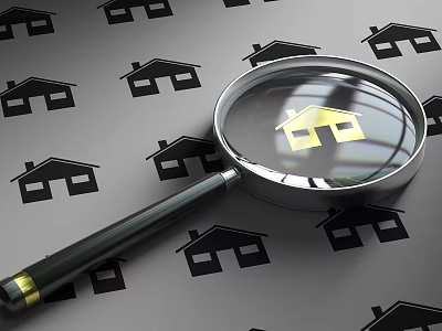 Metal Magnifying Glass Showing Golden House Over Gray Background With Black House Icons 3d model