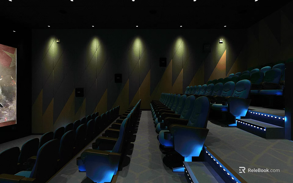 Modern Cinema Interior With Blue Comfortable Seats And Geometric Wall Lighting 3d model