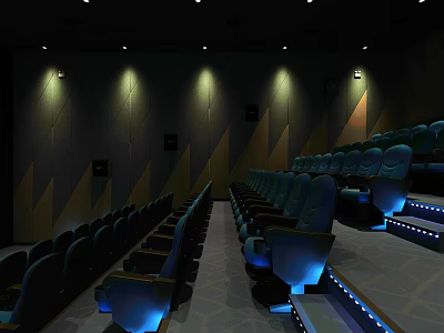 Modern Cinema Interior With Blue Comfortable Seats And Geometric Wall Lighting 3d model