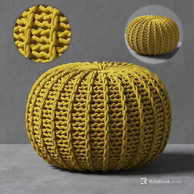 Yellow Knitted Round Pouf With Handwoven Textured Design For Living Room Seating 3d model 