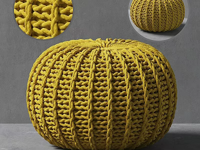 Yellow Knitted Round Pouf With Handwoven Textured Design For Living Room Seating 3d model