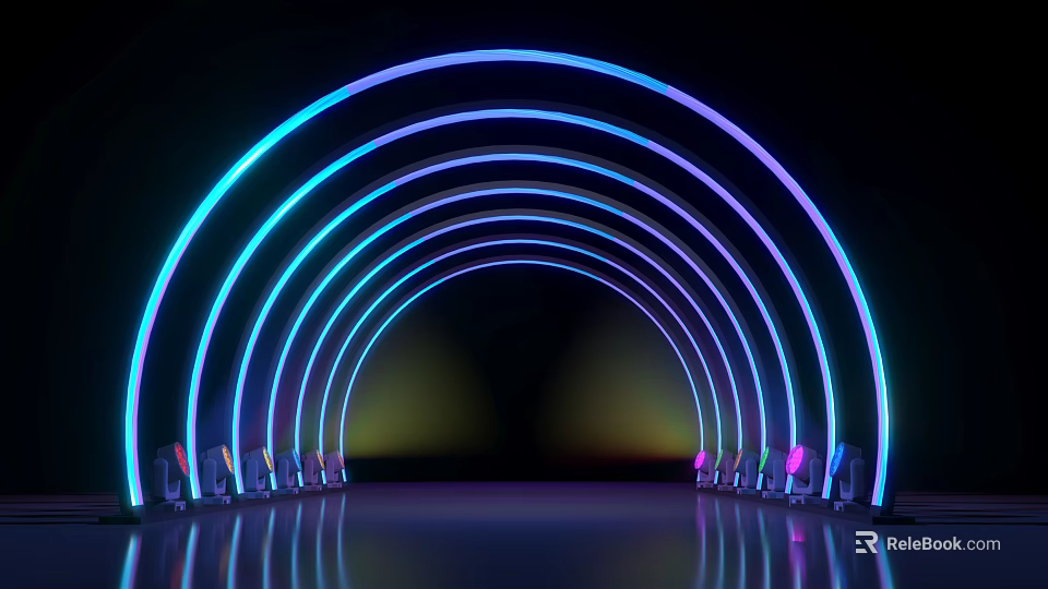 Neon Light Archway With Multiple Curved Arches Dark Background Reflective Floor 3d model