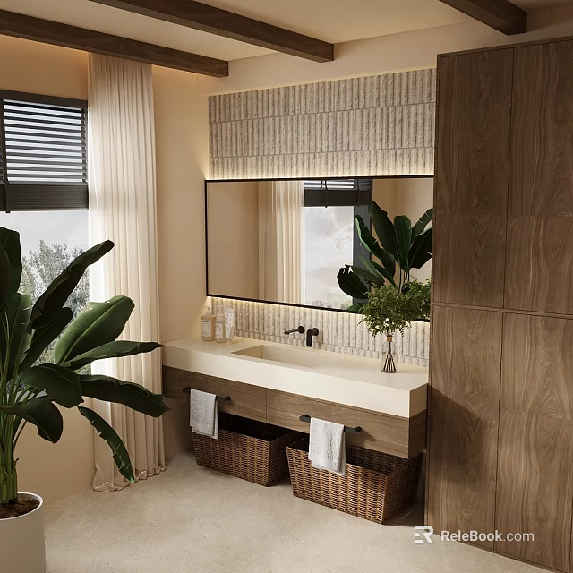 Modern Bathroom Cabinet With Stone Countertop Mirror Wooden Design Green Plant Baskets 3d model 