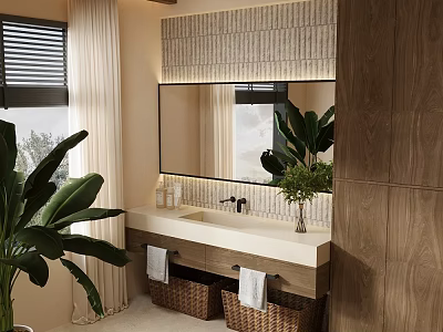 Modern Bathroom Cabinet With Stone Countertop Mirror Wooden Design Green Plant Baskets 3d model