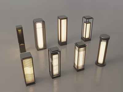 Outdoor Lights with Multiple Styles Various Designs Black Frames White Shades and Illuminated Effect 3d model