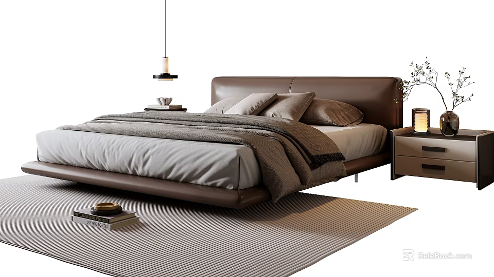 Modern Double Bed With Brown Leather Headboard Soft Bedding And Wooden Nightstand Striped Rug 3d model 