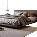 Modern Double Bed With Brown Leather Headboard Soft Bedding And Wooden Nightstand Striped Rug