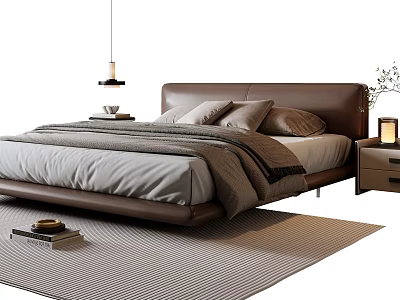 Modern Double Bed With Brown Leather Headboard Soft Bedding And Wooden Nightstand Striped Rug 3d model