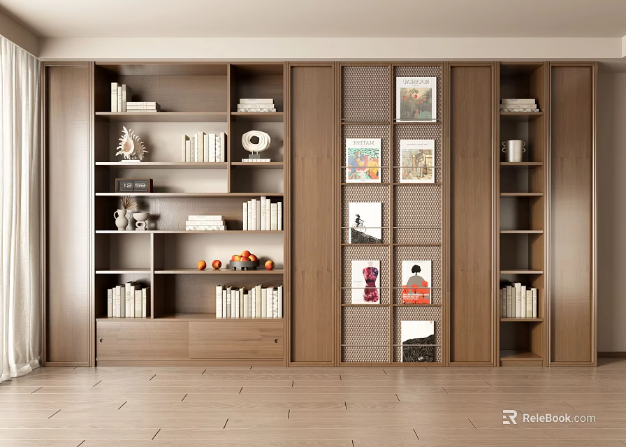 Modern Wooden Bookcase Interior With Multiple Shelves Books Decorations And Photo Frames 3d model 