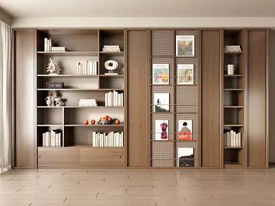 Modern Wooden Bookcase Interior With Multiple Shelves Books Decorations And Photo Frames 3d model