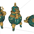 Traditional Green Gold Ceramic Vessels With Intricate Carvings Animal Motifs And Lids