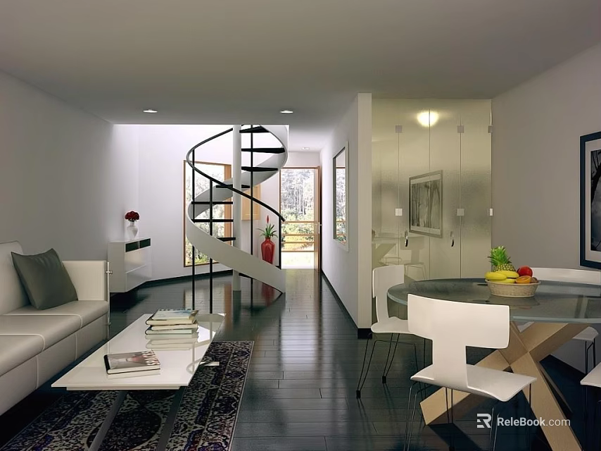 Spiral Staircase In Modern Living Room With Dining Area Sofa Coffee Table Dark Wooden Floor 3d model 