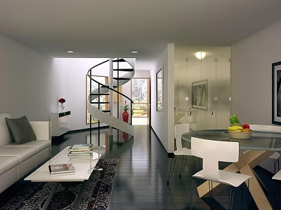 Spiral Staircase In Modern Living Room With Dining Area Sofa Coffee Table Dark Wooden Floor 3d model