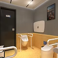 Other Restroom Interior With Toilet Grab Bars Sinks Round Mirrors Gray Walls And Yellow Floor
