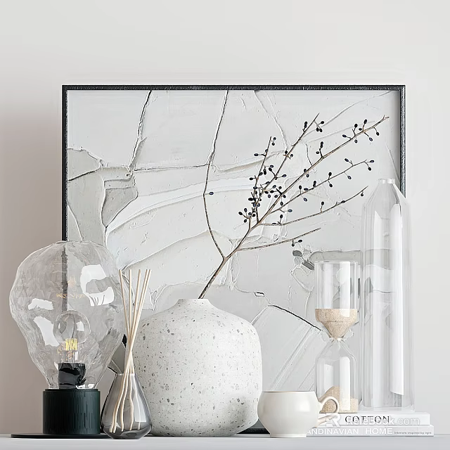 Decorative Ornament Set Including Glass Bulb White Spotted Vase Branch and Hourglass with Abstract Painting 3d model 