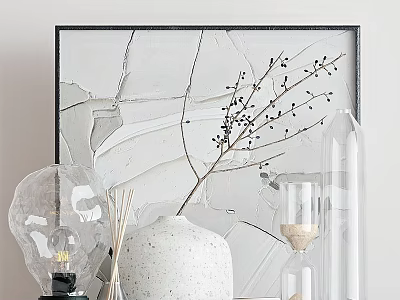 Decorative Ornament Set Including Glass Bulb White Spotted Vase Branch and Hourglass with Abstract Painting 3d model