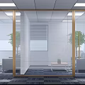 Modern Public Office Space With Conference Table Chairs Reception Desk Green Plant And Decorative Paintings