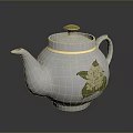 White Ceramic Teapot With Green Floral Pattern And Golden Trim Design