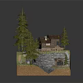 Wooden Cabin on Hillside Surrounded by Pine Trees with Grass Area and Steps