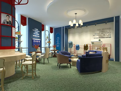 Modern Conference Room Interior With Blue Sofas Chandelier Meeting Table And Display Wall 3d model