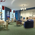 Modern Conference Room Interior With Blue Sofas Chandelier Meeting Table And Display Wall