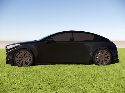 Black Modern Sedan Car Parked On Green Grass With Blue Sky Background 3d model