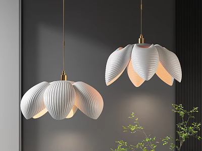 White Petal Shaped Pendant Lights With Golden Fixtures In Modern Interior With Green Plants 3d model