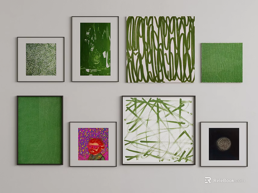 Abstract Paintings With Green Tones Varied Patterns And Framed Wall 3d model