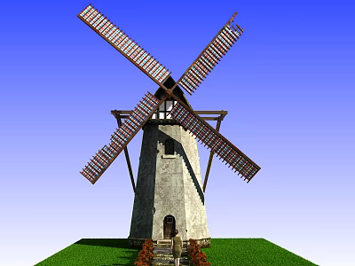 Windmill Architectural Components Featuring Wooden Sails Stone Tower Steps And Grass Surroundings 3d model