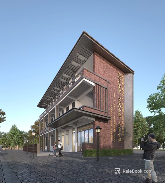 Red Brick Two Story School Building With Veranda Golden Signage And Trees Around 3d model 