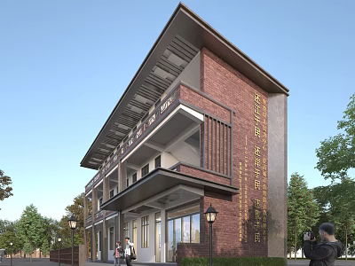 Red Brick Two Story School Building With Veranda Golden Signage And Trees Around 3d model