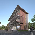 Red Brick Two Story School Building With Veranda Golden Signage And Trees Around