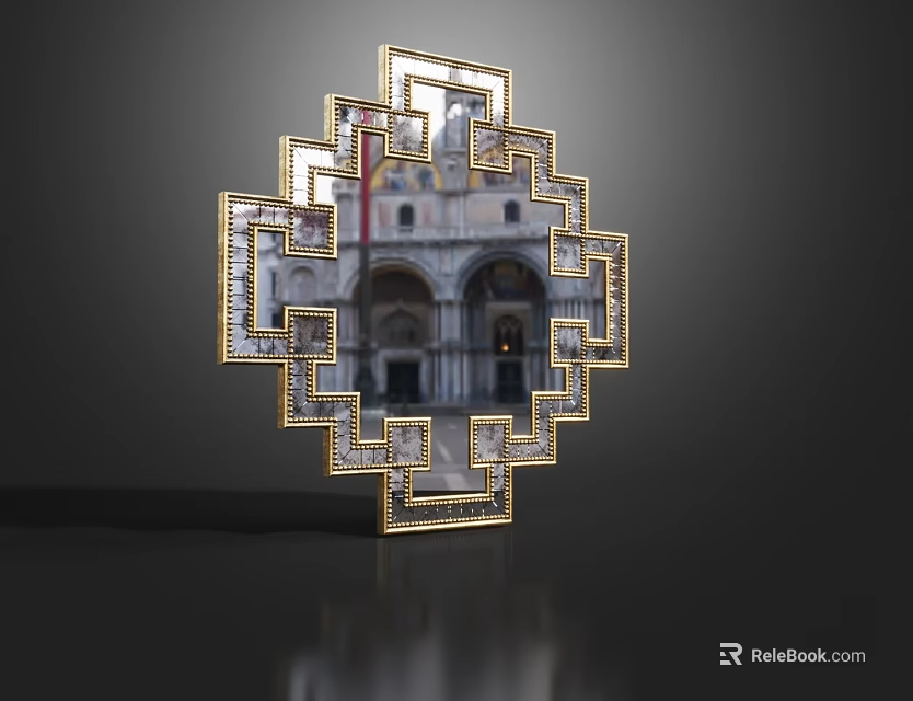 Geometric Gold Framed Mirror Reflecting Historic Building on Dark Background 3d model