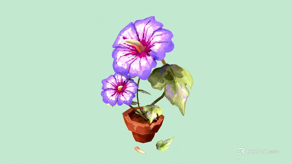 Purple Petunia Plant with Pink Centers Green Leaves in Brown Pot on Light Green Background 3d model 
