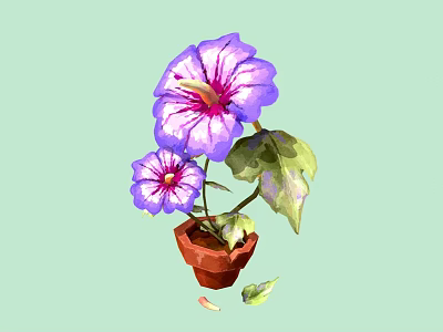 Purple Petunia Plant with Pink Centers Green Leaves in Brown Pot on Light Green Background 3d model