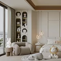 Kids Bedroom With Beige Walls White Arched Shelves PEACE Pillow Stuffed Toys Pendant Lights Rug
