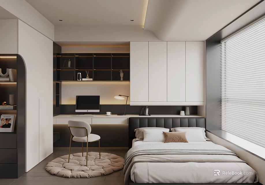 Modern Tatami Bedroom Interior Design With Desk Chair Storage Cabinets And Window Blinds 3d model 